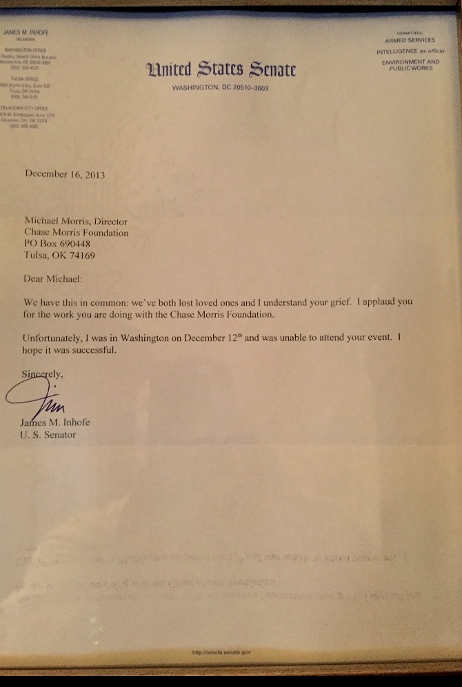 Letter from U.S. Senator James M. Inhofe on United States Senate letterhead, dated December 16, 2013, addressed to Michael Morris, Director, Chase Morris Foundation. The letter reads: Dear Michael, We have this in common: we've both lost loved ones and I understand your grief. I applaud you for the work you are doing with the Chase Morris Foundation. Unfortunately, I was in Washington on December 12th and was unable to attend your event. I hope it was successful. Sincerely, James M. Inhofe, U.S. Senator.